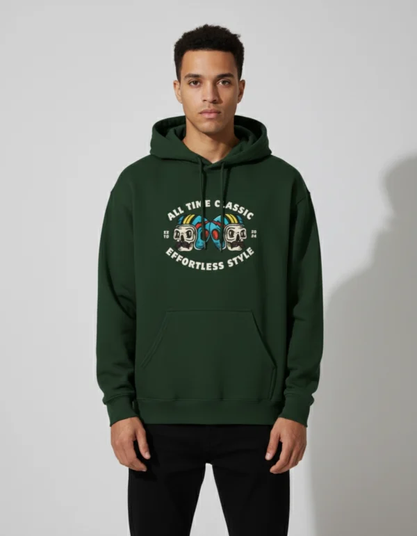 Effortless Style Green Front Printed Regular Fit Hoodie