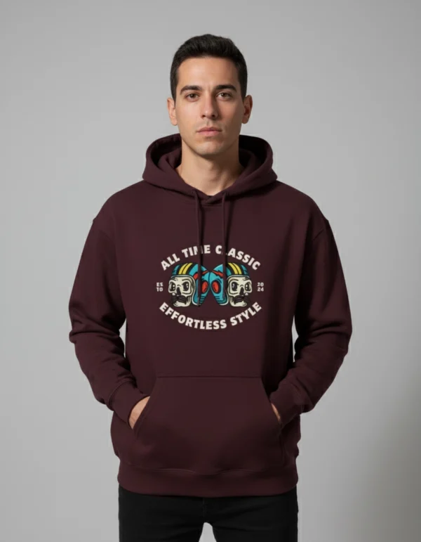 Effortless Style Maroon Front Printed Regular Fit Hoodie